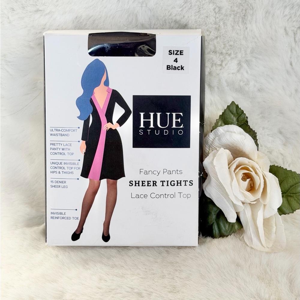 New with tags Hue Studio Fancy Pants lace Control Top Sheer Tights - Black